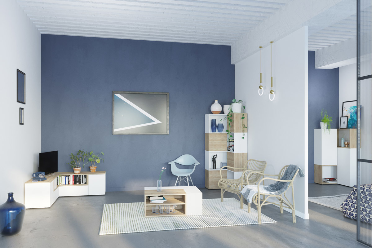 Meuble TV d'angle design bois et blanc QUADRA