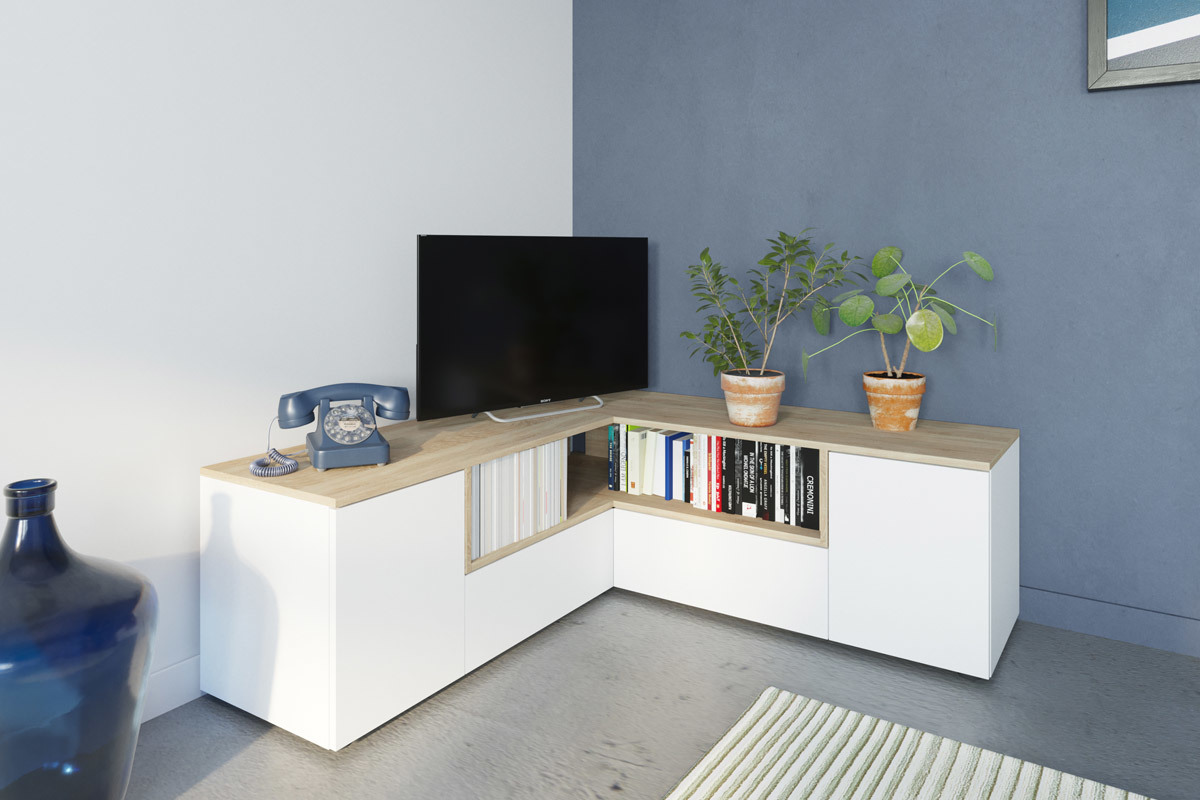 Meuble TV d'angle design bois et blanc QUADRA