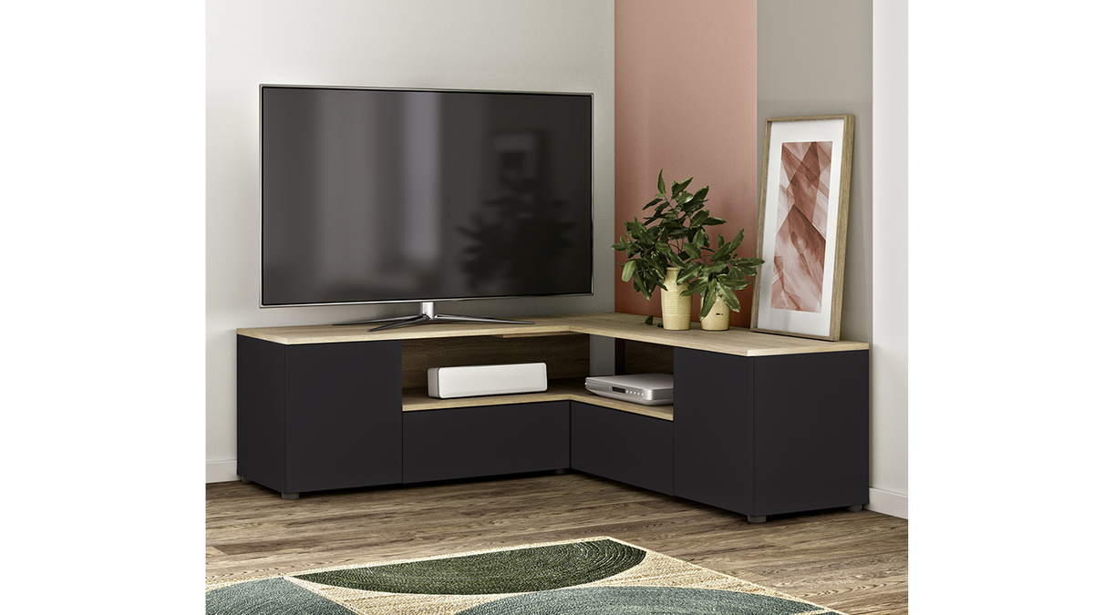Meuble TV d'angle design noir mat et bois QUADRA