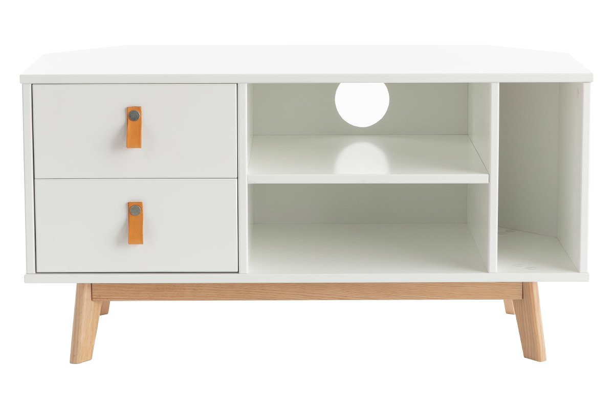 Meuble TV d'angle scandinave blanc et bois avec tiroirs L100 cm ROHAN