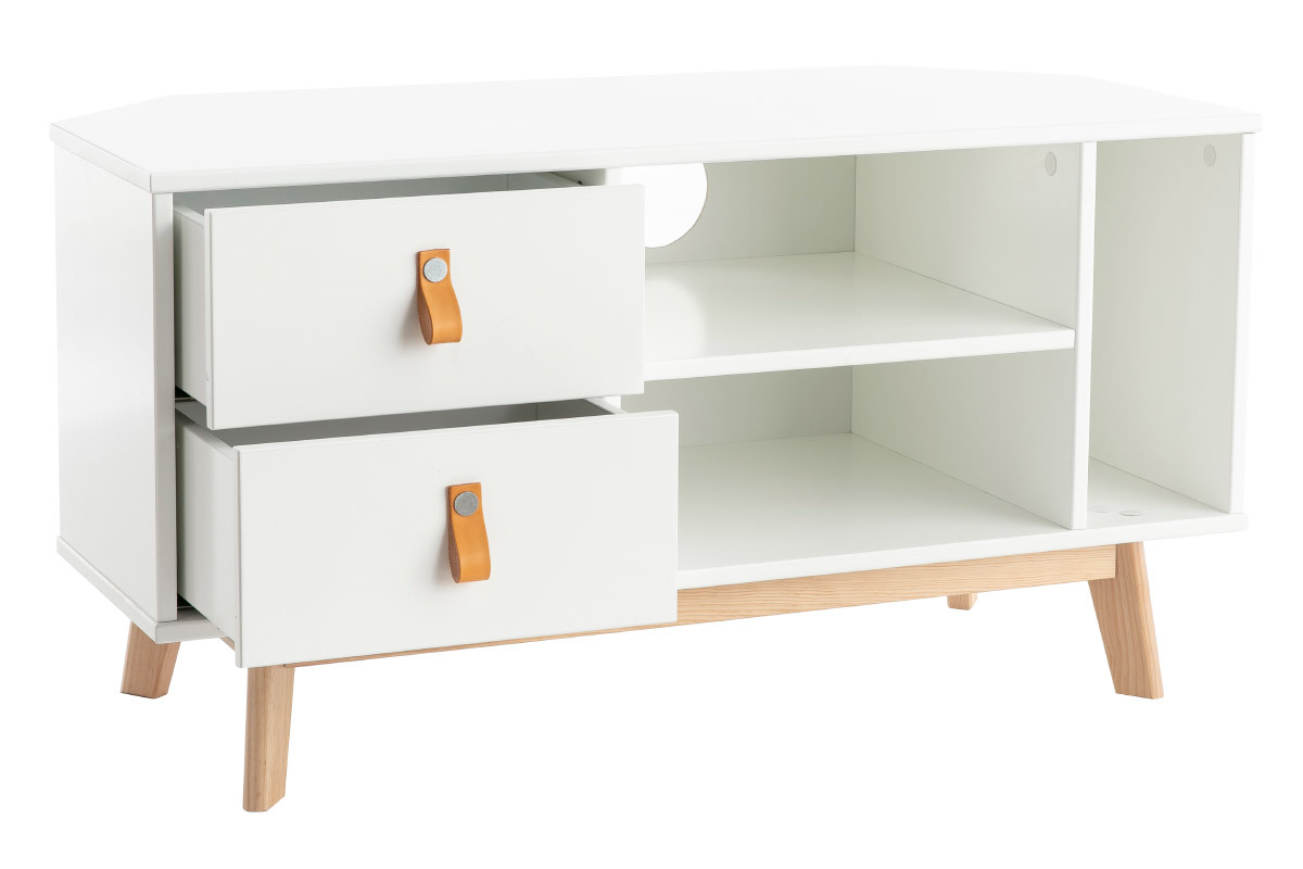 Meuble TV d'angle scandinave blanc et bois avec tiroirs L100 cm ROHAN