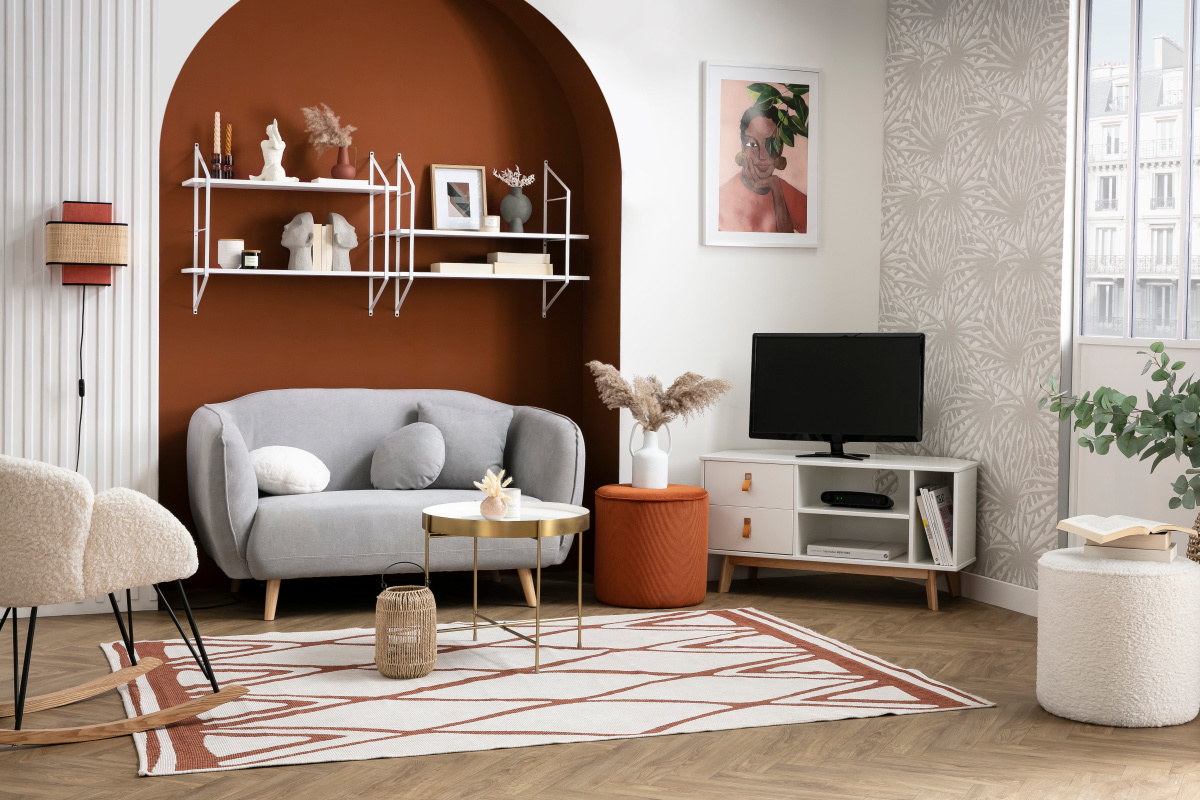 Meuble TV d'angle scandinave blanc et bois avec tiroirs L100 cm ROHAN