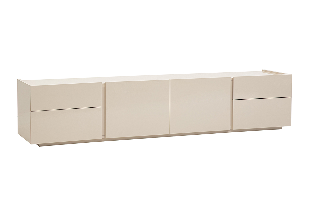 Meuble TV design beige laqu� brillant avec rangements L199.8 cm ISAURE