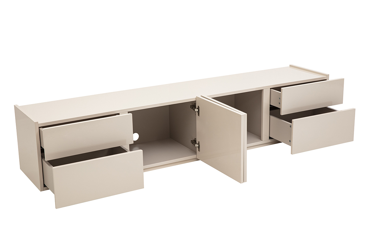 Meuble TV design beige laqu� brillant avec rangements L199.8 cm ISAURE