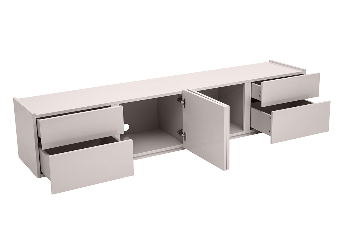 Meuble TV design beige laqu� brillant avec rangements L200 cm ISAURE