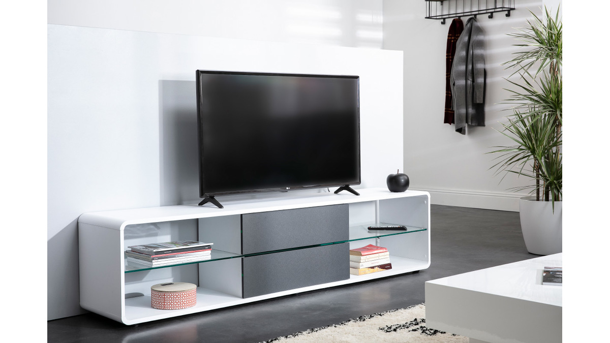 Meuble TV design blanc et tiroirs anthracite DISCI