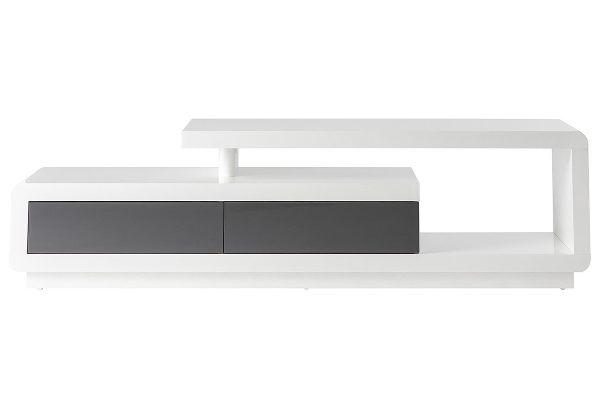 Meuble TV design blanc laqu avec tiroirs gris L170 cm ETANA