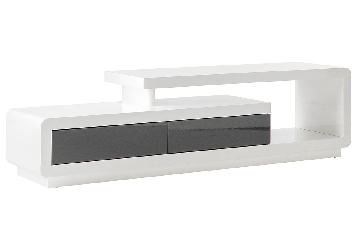 Meuble TV design blanc laqu avec tiroirs gris L170 cm ETANA