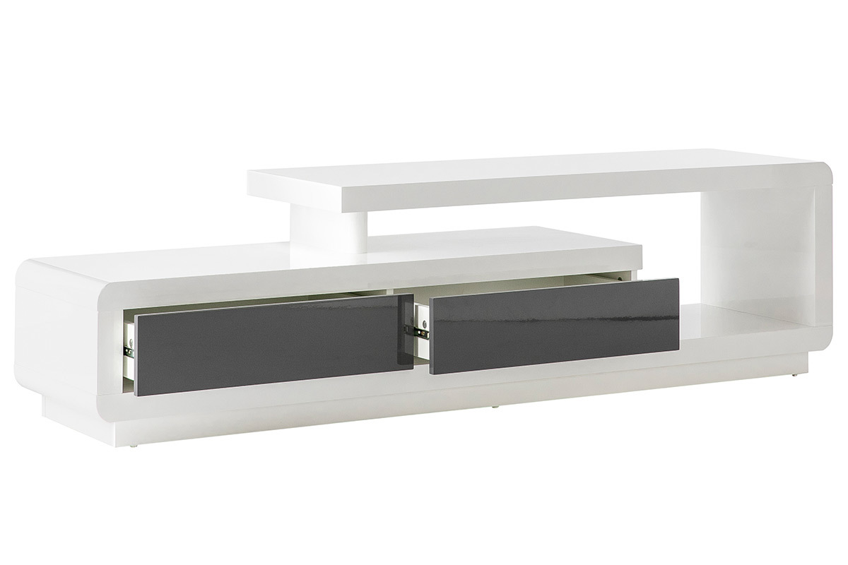 Meuble TV design blanc laqu avec tiroirs gris L170 cm ETANA