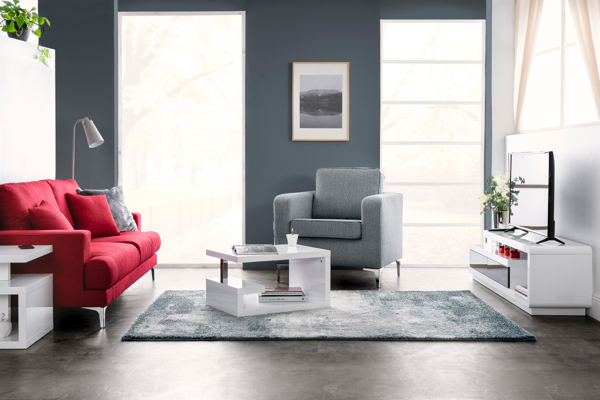 Meuble TV design blanc laqu avec tiroirs gris L170 cm ETANA