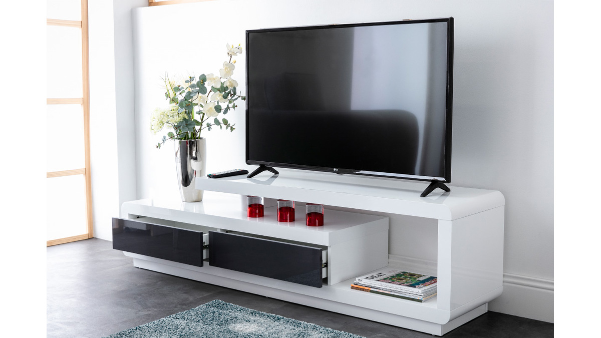 Meuble TV design blanc laqu avec tiroirs gris L170 cm ETANA