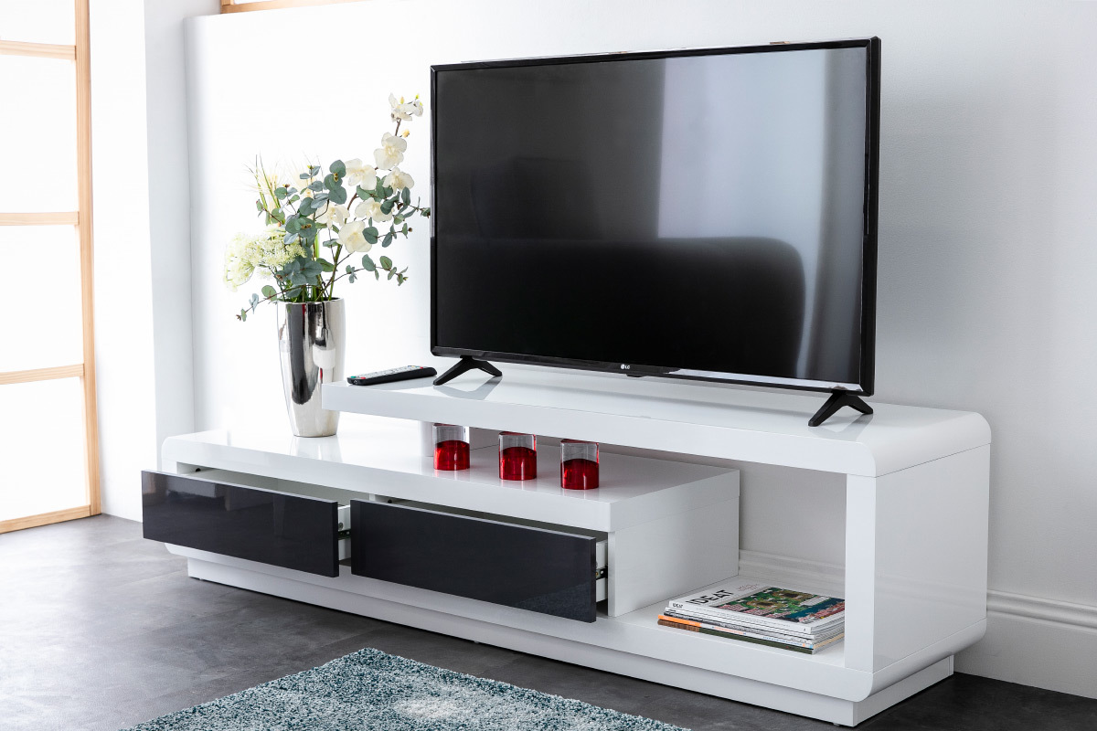 Meuble TV design blanc laqu avec tiroirs gris L170 cm ETANA