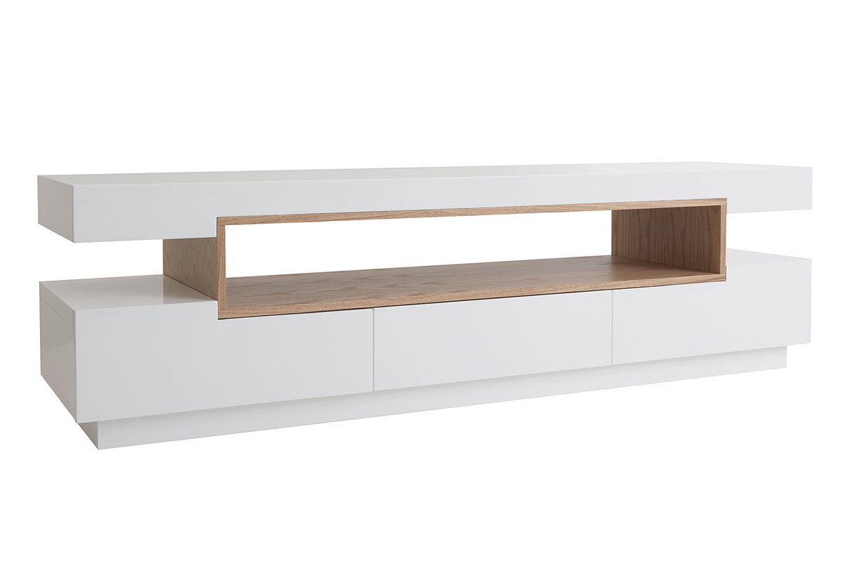 Meuble TV design blanc laqu� brillant et bois L200 cm LIVO
