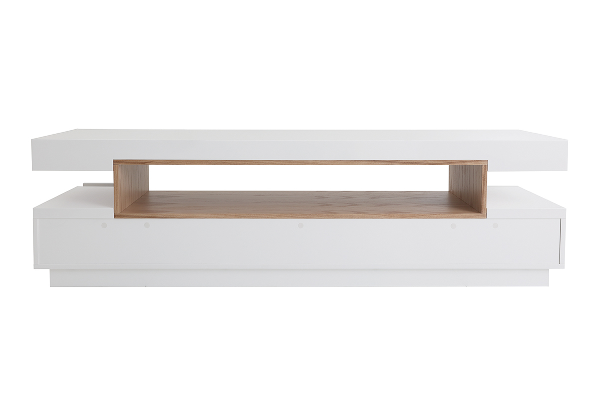 Meuble TV design blanc laqu� brillant et bois L200 cm LIVO