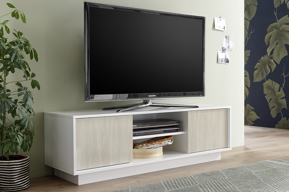 Meuble TV design blanc laqu� brillant et effet ch�ne blanchi L138 cm HERO