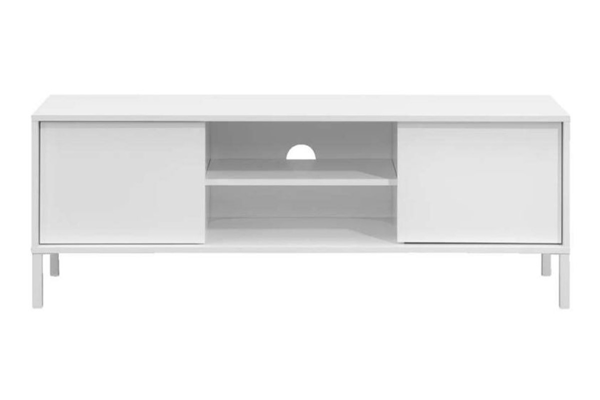 Meuble TV design blanc laqu et pieds mtal blanc avec rangements L138 cm MIKY