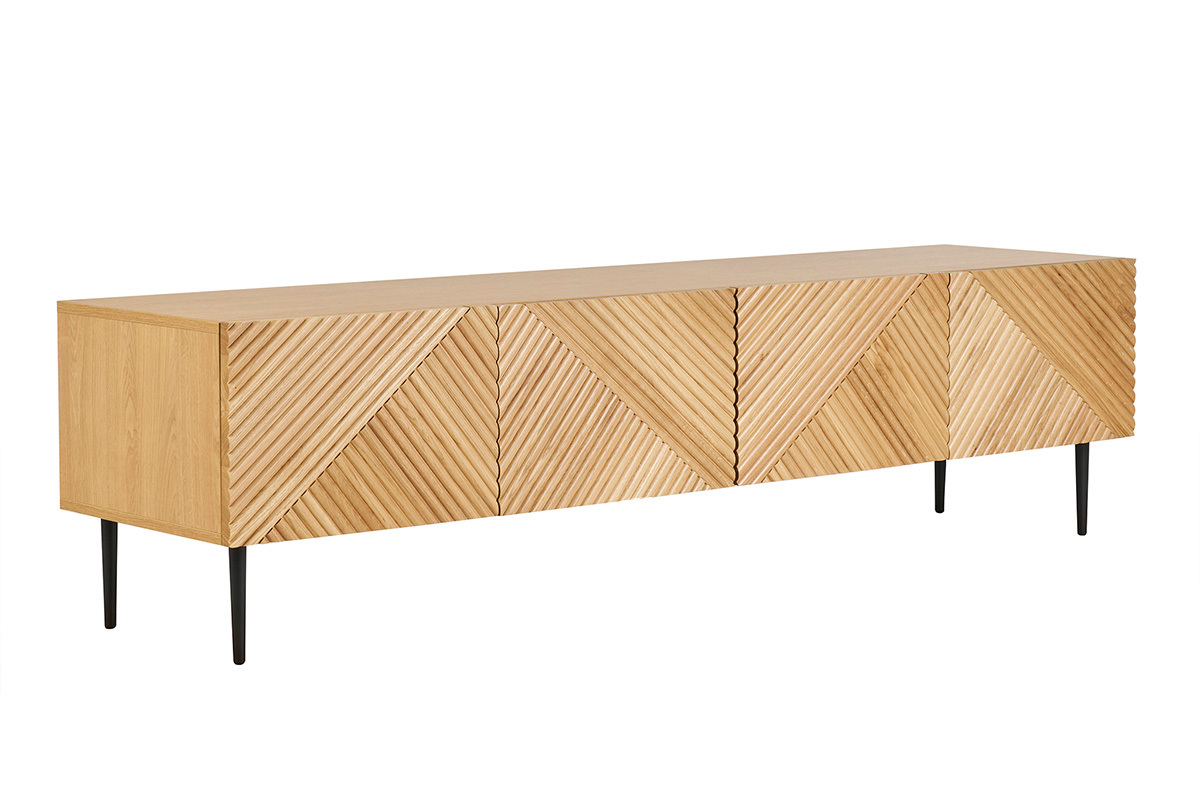 Meuble TV design en bois clair chêne massif gravé et métal noir 4 portes L180 cm ARCHIPEL