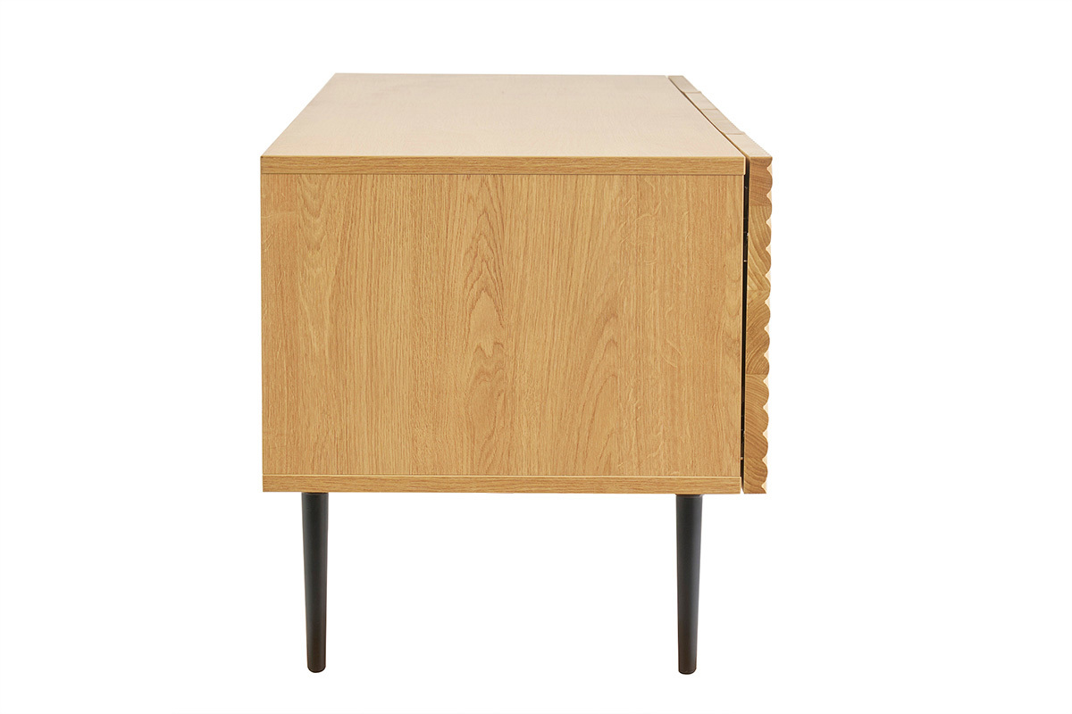 Meuble TV design en bois clair chêne massif gravé et métal noir 4 portes L180 cm ARCHIPEL