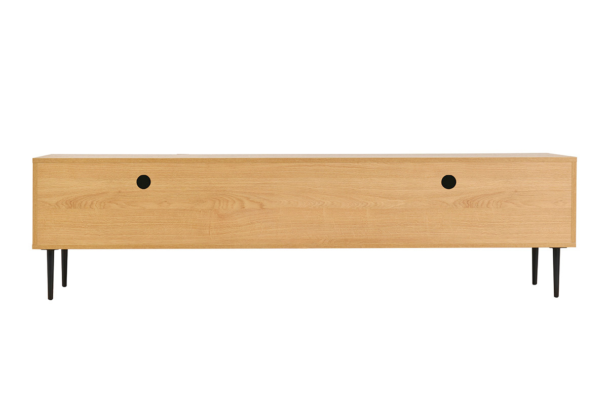 Meuble TV design en bois clair chêne massif gravé et métal noir 4 portes L180 cm ARCHIPEL