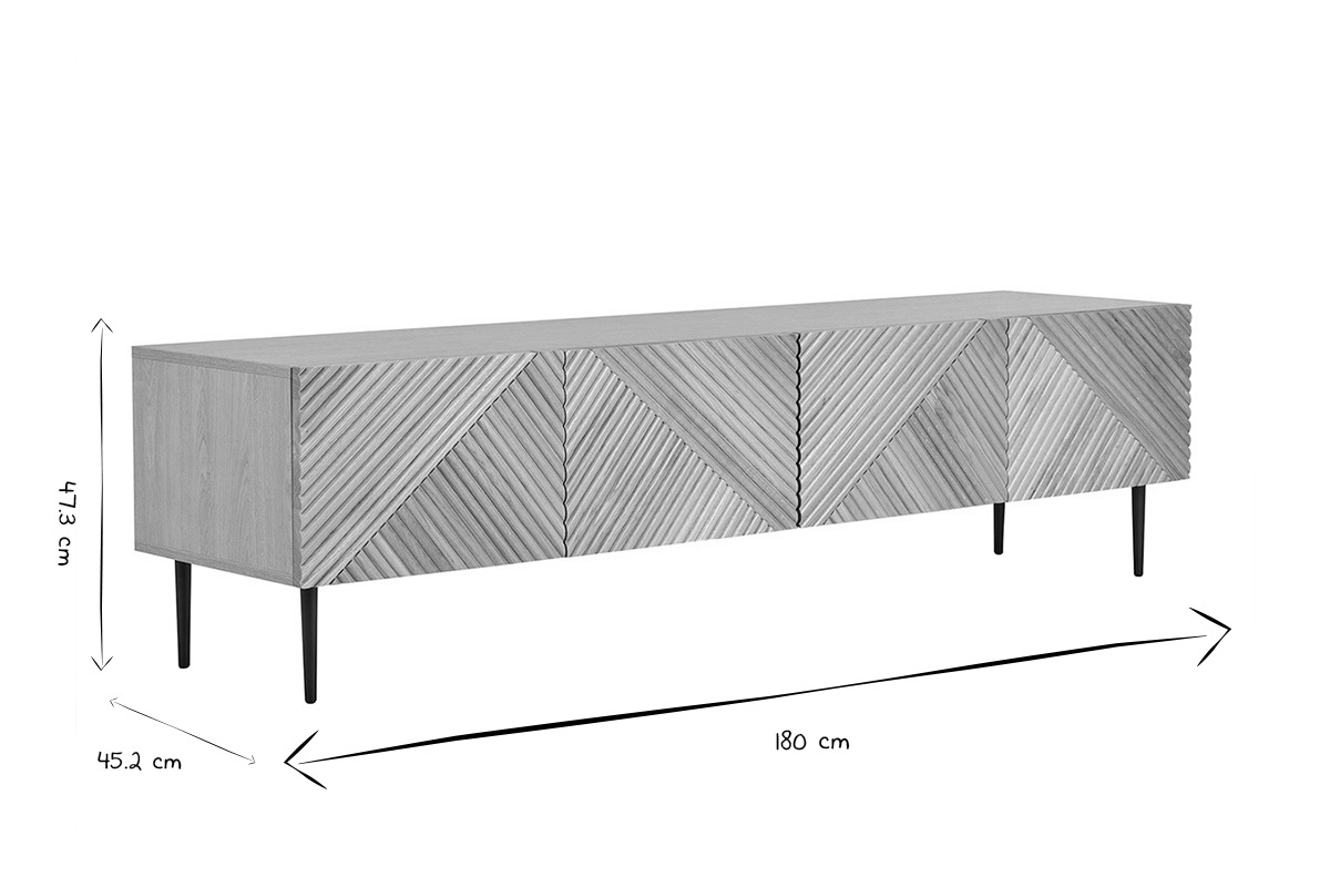 Meuble TV design en bois clair chêne massif gravé et métal noir 4 portes L180 cm ARCHIPEL