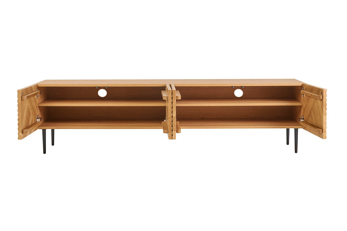 Meuble TV design en bois clair chêne massif gravé et métal noir 4 portes L180 cm ARCHIPEL