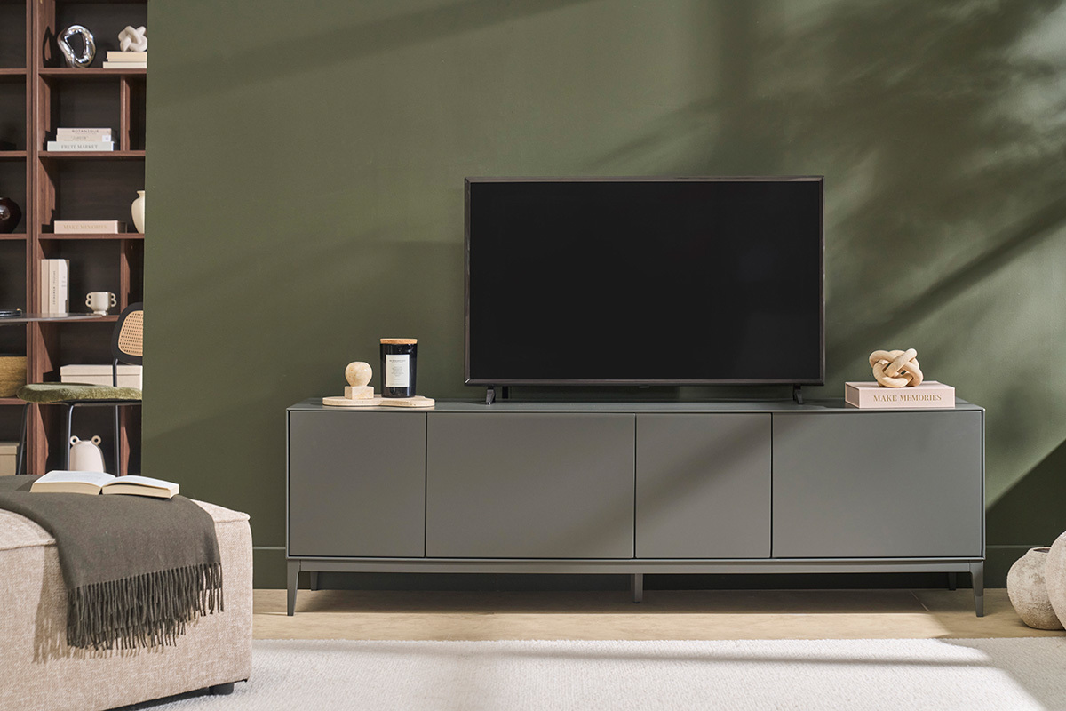 Meuble TV design gris laqu� mat avec rangements L180 cm GRAY