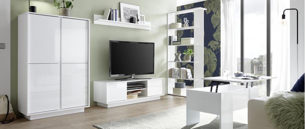 Meuble TV design L138 cm blanc laqu� brillant COMO