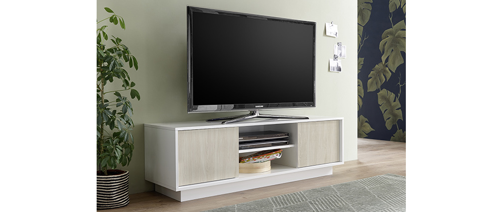 Meuble TV design laqu� blanc brillant et effet chene L138 cm HERO