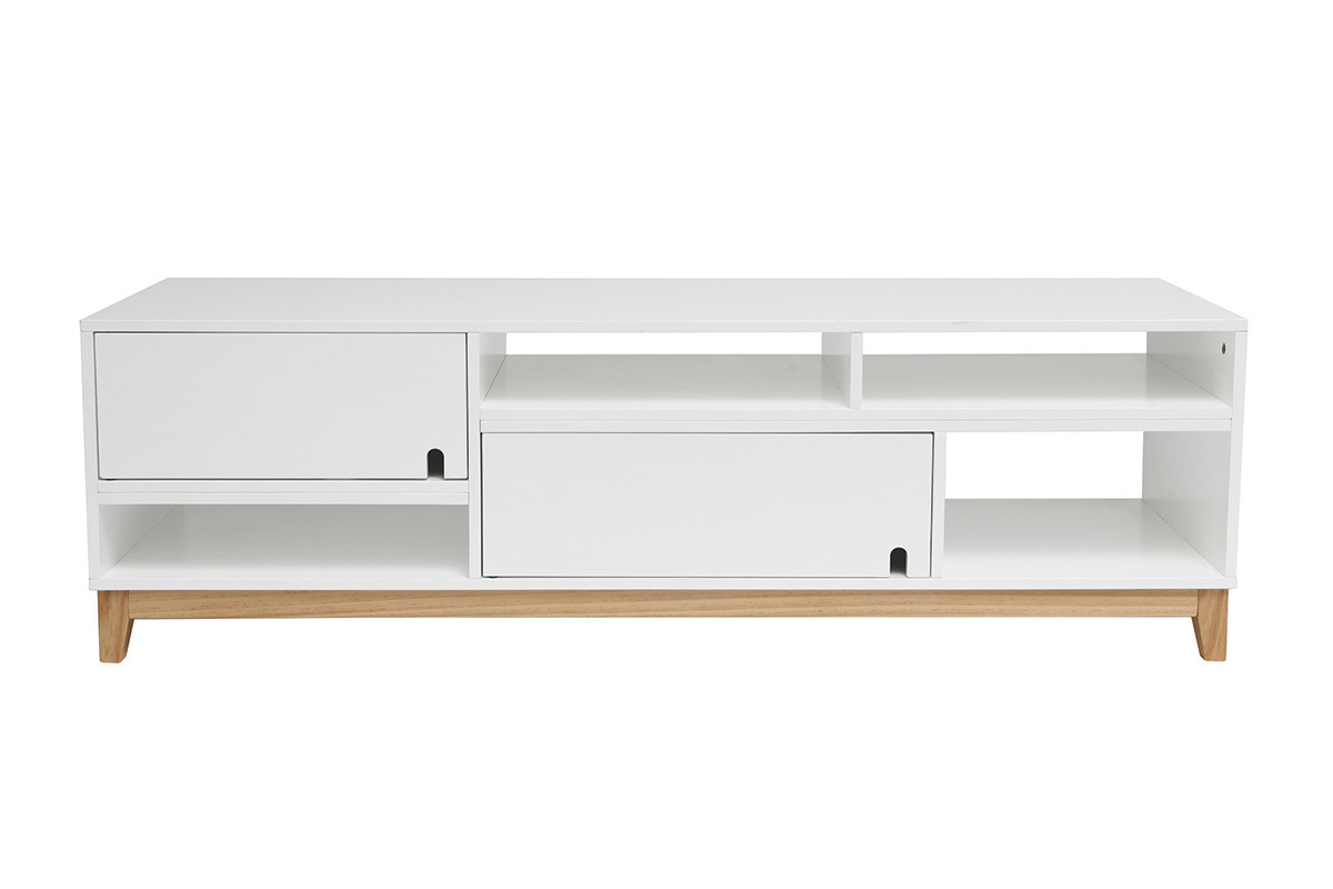 Meuble TV design laqu� blanc mat et bois SKAL