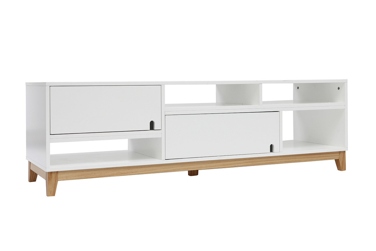 Meuble TV design laqu� blanc mat et bois SKAL