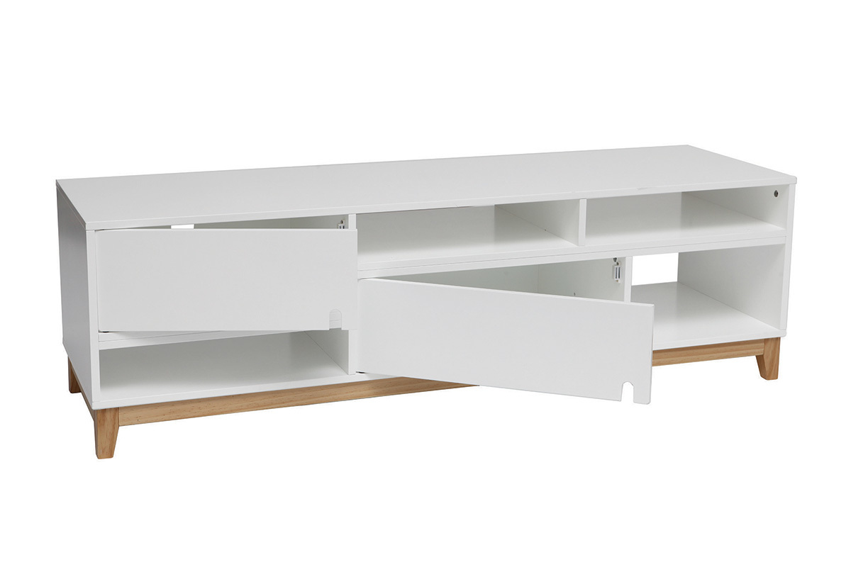 Meuble TV design laqu� blanc mat et bois SKAL