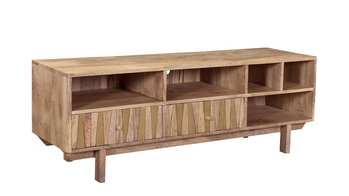 Meuble TV design manguier massif et laiton L140 cm ZAIKA