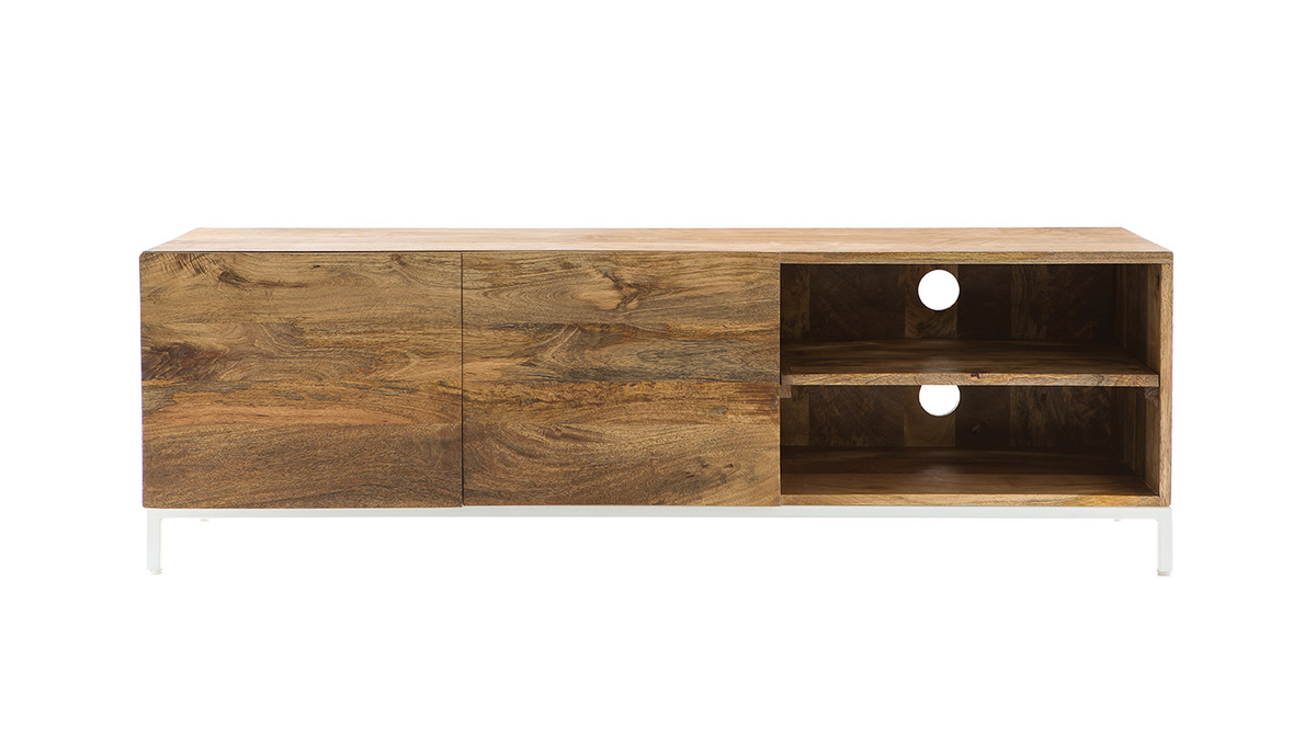 Meuble TV design manguier massif et mtal blanc 145cm BOHO