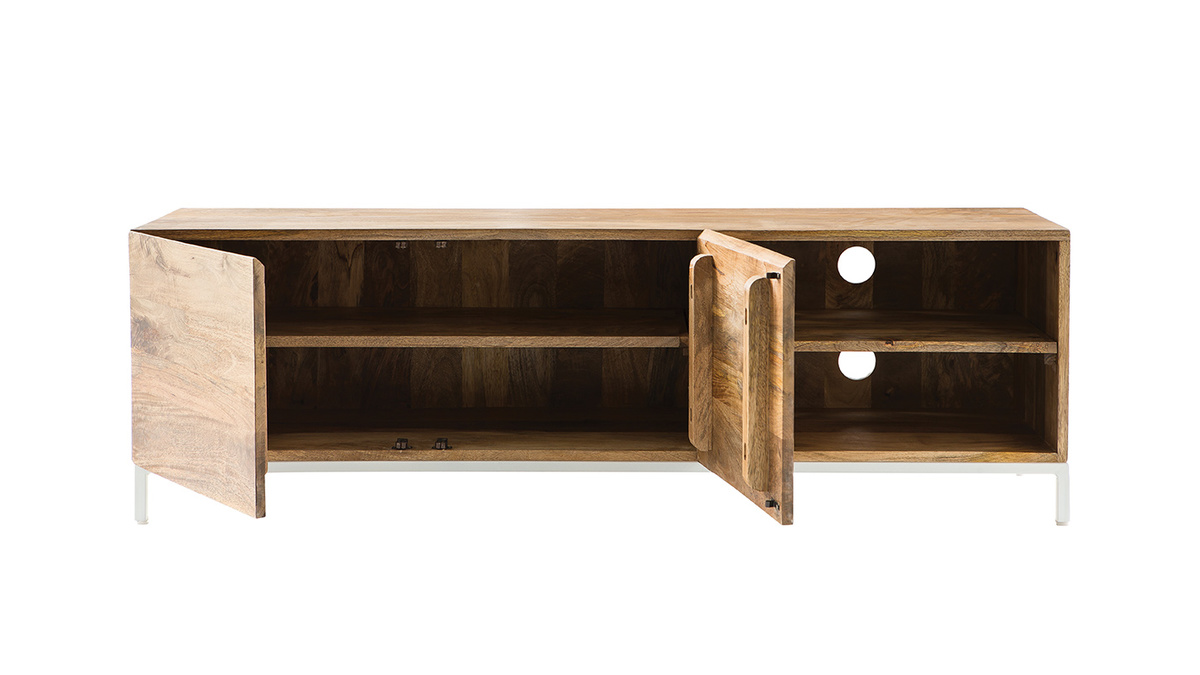 Meuble TV design manguier massif et mtal blanc 145cm BOHO