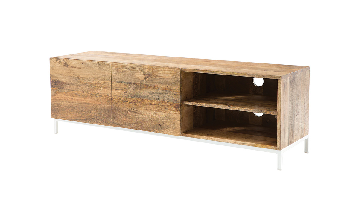 Meuble TV design manguier massif et mtal blanc 145cm BOHO