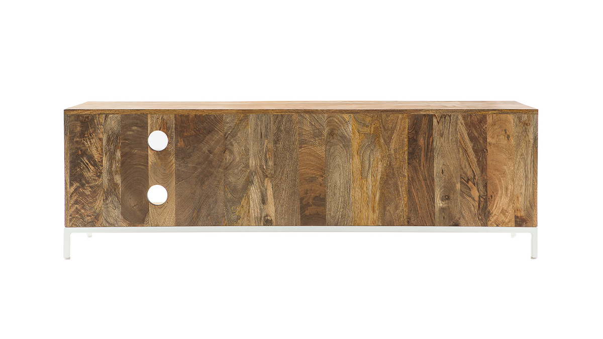 Meuble TV design manguier massif et mtal blanc 145cm BOHO