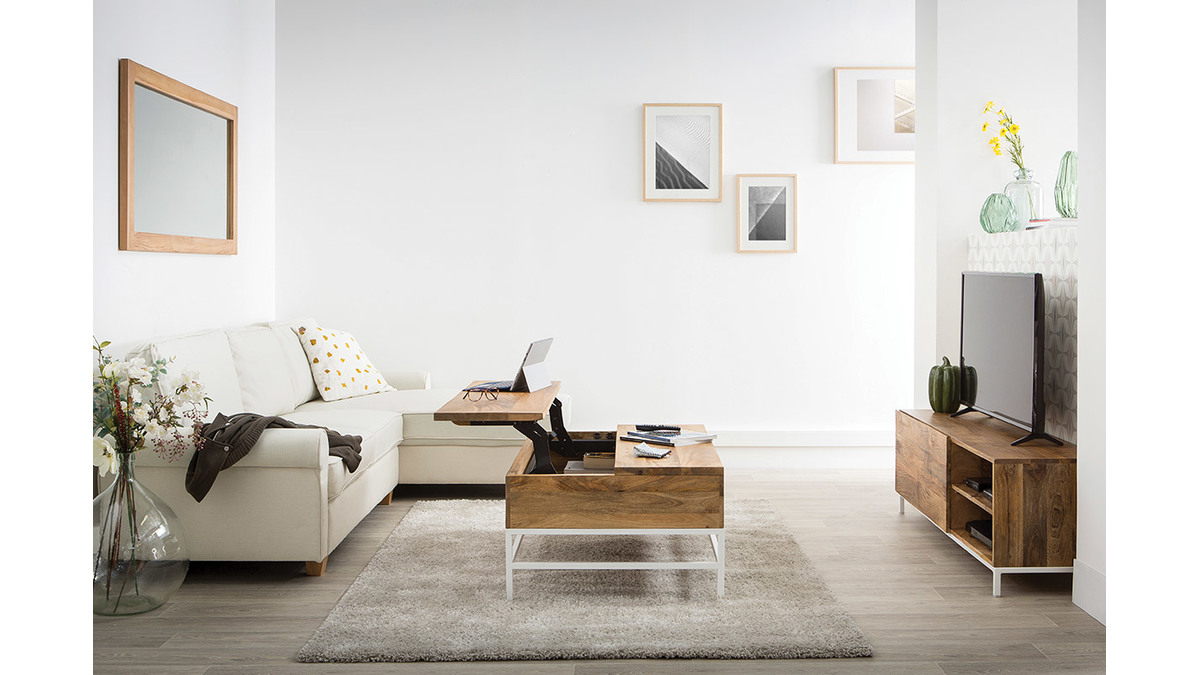 Meuble TV design manguier massif et mtal blanc 145cm BOHO