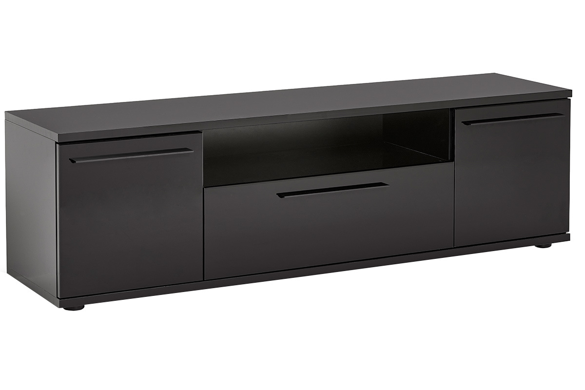 Meuble TV design noir laqu� avec rangements L158 cm PACO