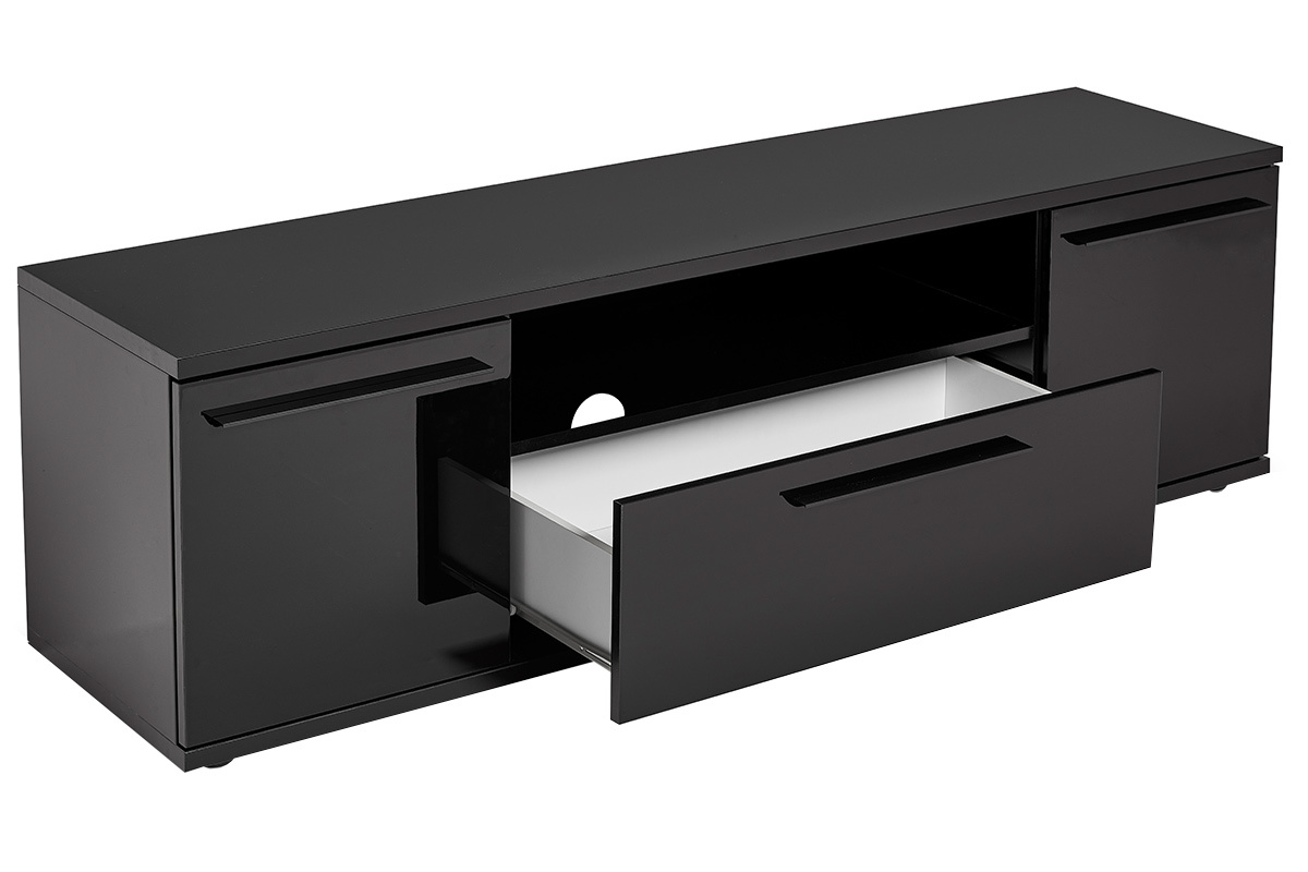 Meuble TV design noir laqu� avec rangements L158 cm PACO