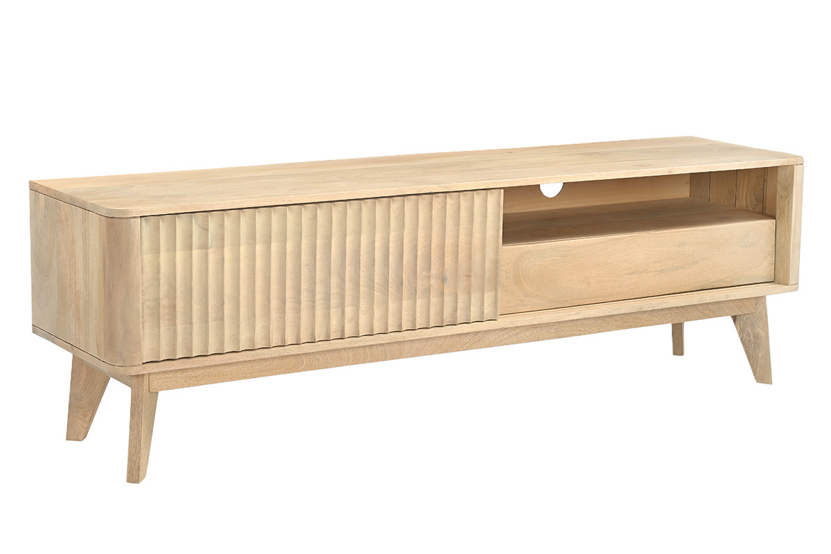 Meuble TV en bois clair manguier massif avec porte coulissante L160 cm ALDA