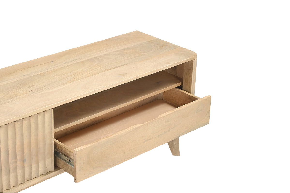 Meuble TV en bois clair manguier massif avec porte coulissante L160 cm ALDA