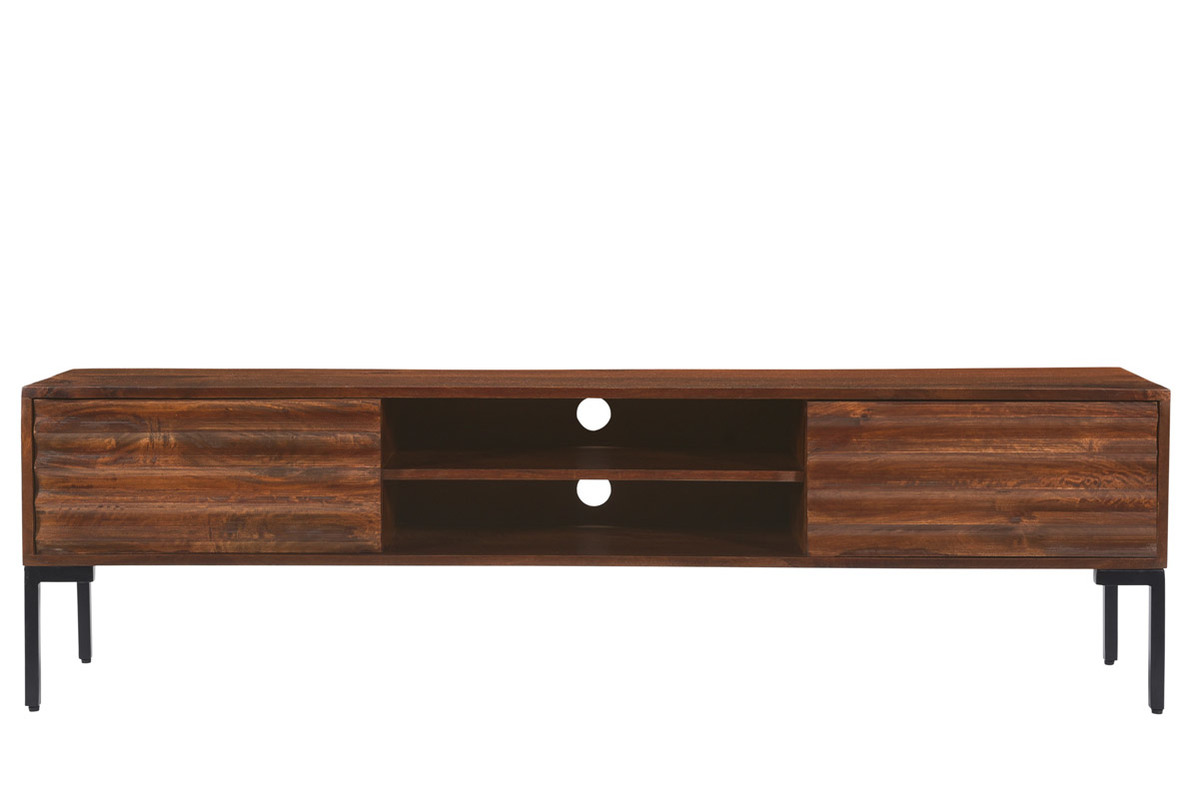 Meuble TV en bois fonc manguier massif et mtal noir 2 portes L160 cm ONDA