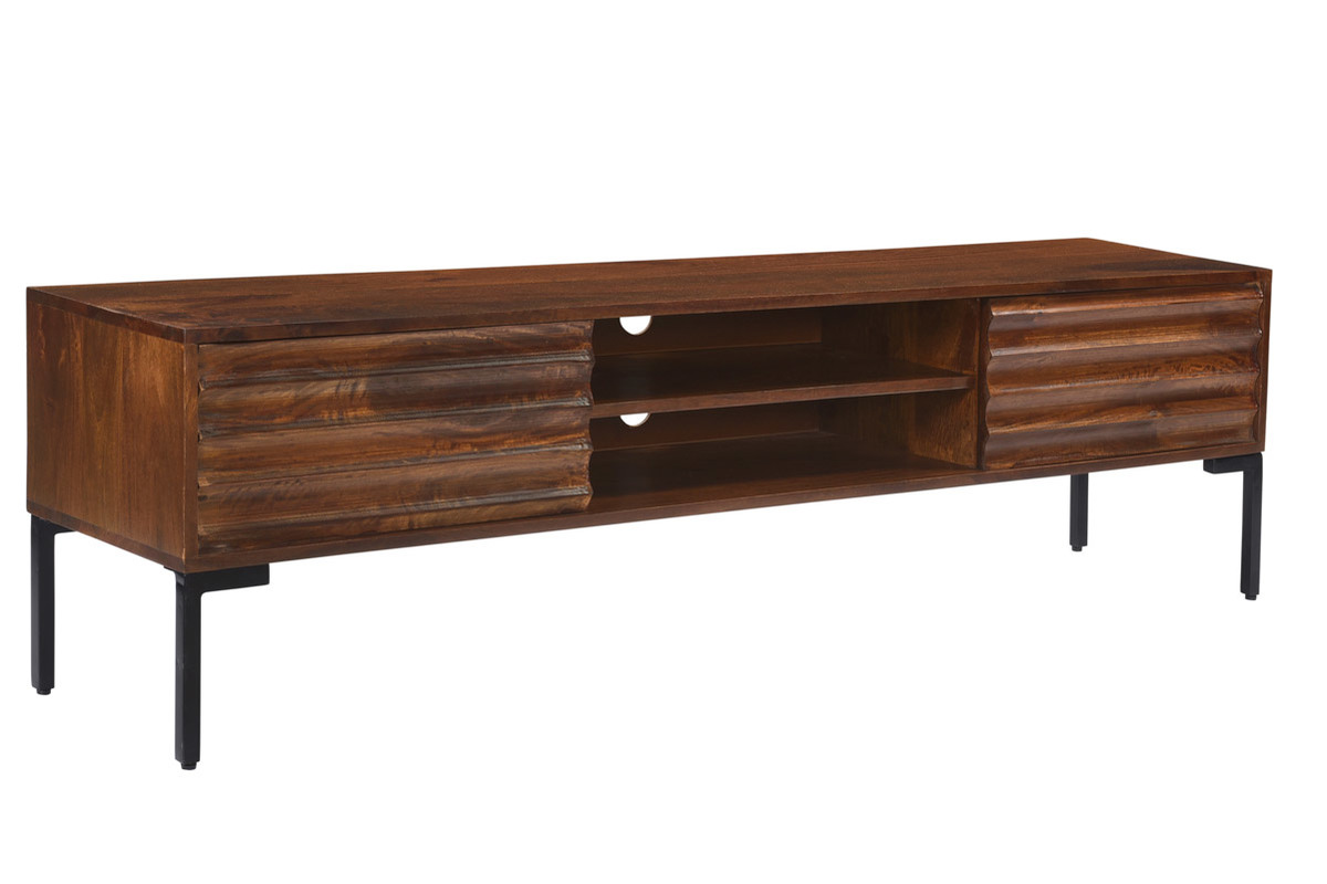 Meuble TV en bois fonc manguier massif et mtal noir 2 portes L160 cm ONDA