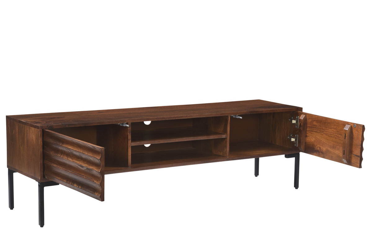 Meuble TV en bois fonc manguier massif et mtal noir 2 portes L160 cm ONDA