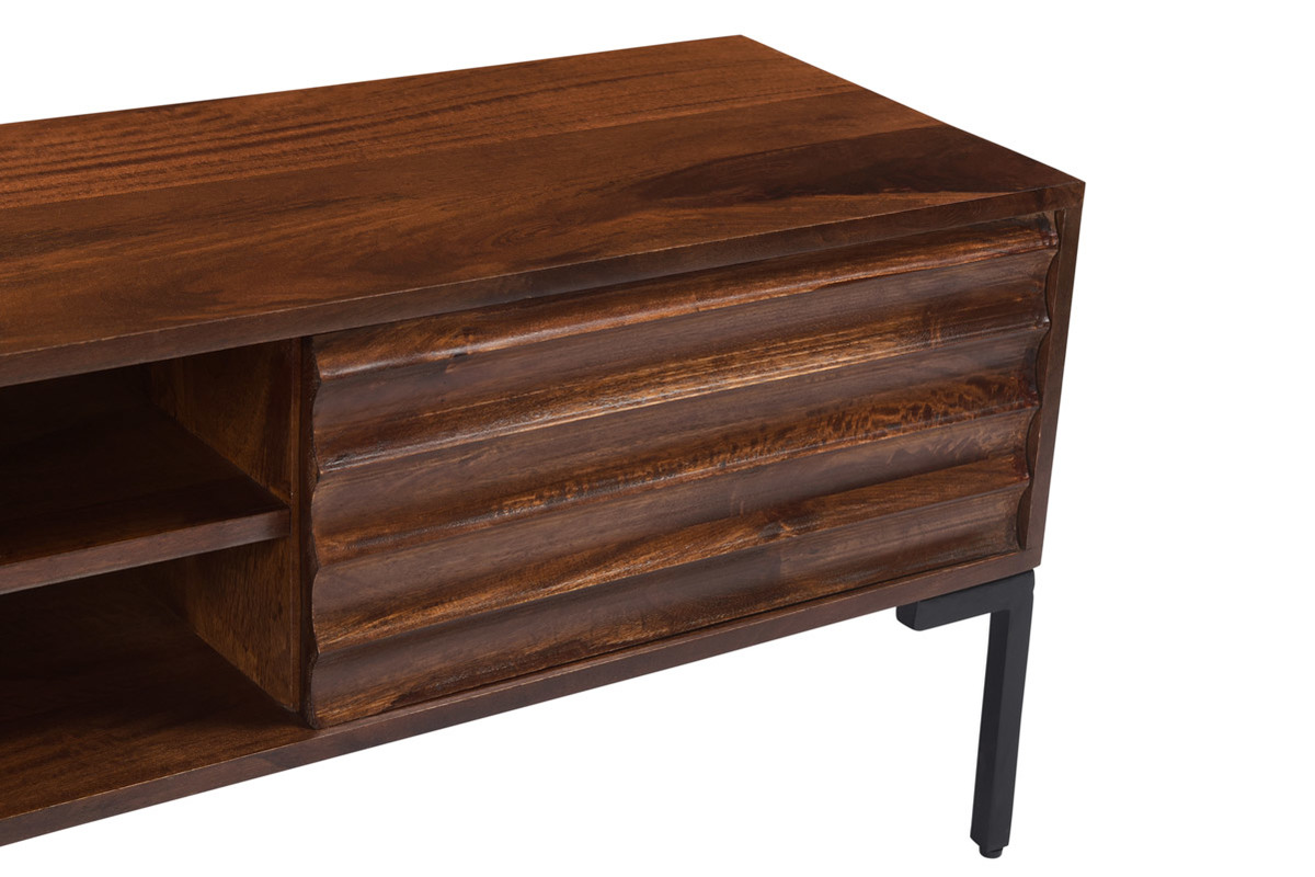 Meuble TV en bois fonc manguier massif et mtal noir 2 portes L160 cm ONDA