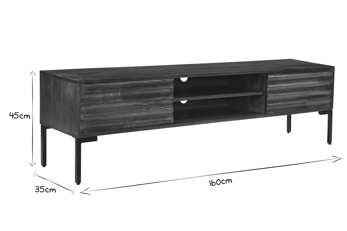 Meuble TV en bois fonc manguier massif et mtal noir 2 portes L160 cm ONDA