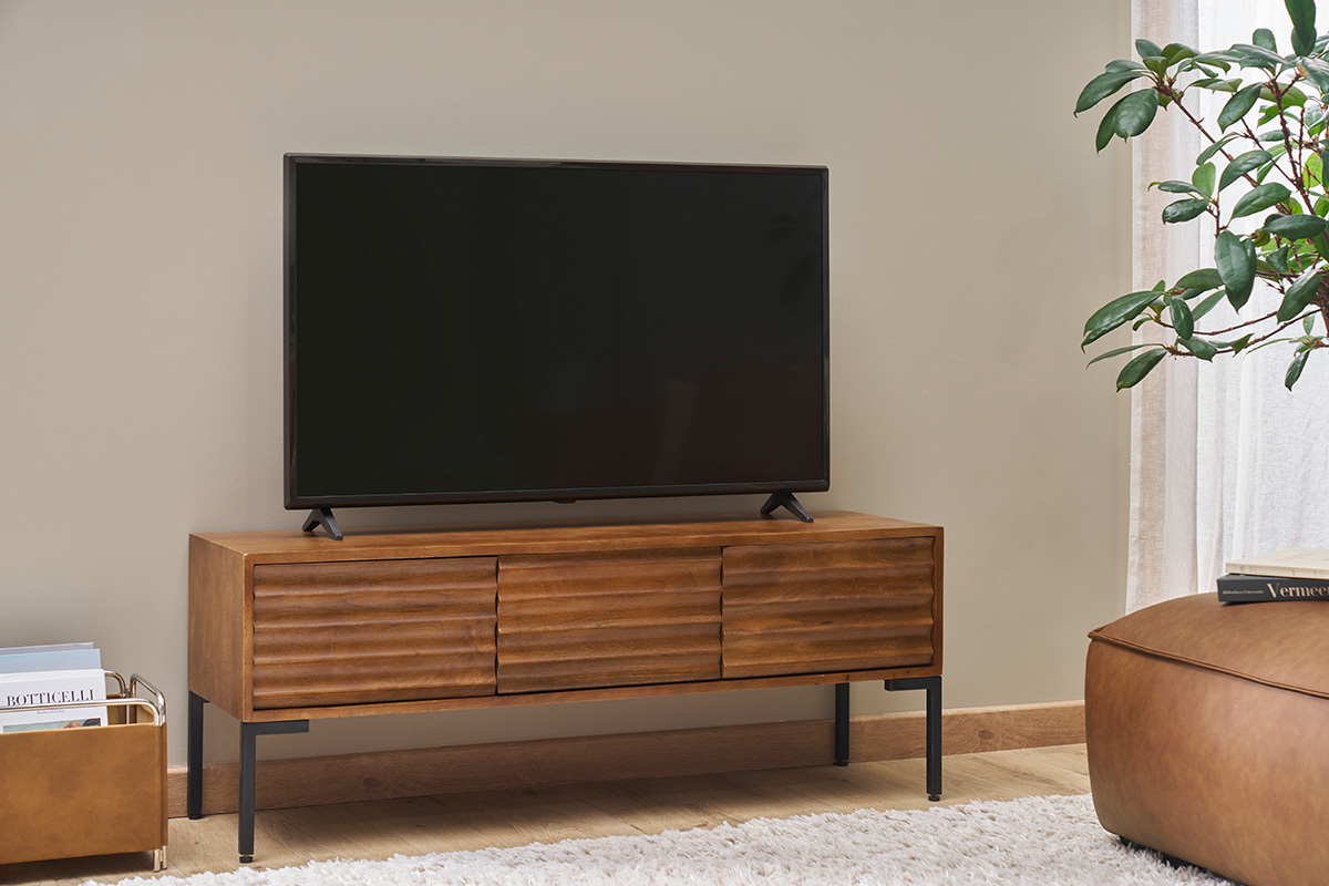 Meuble TV en bois fonc� manguier massif et m�tal noir 3 portes L120 cm ONDA