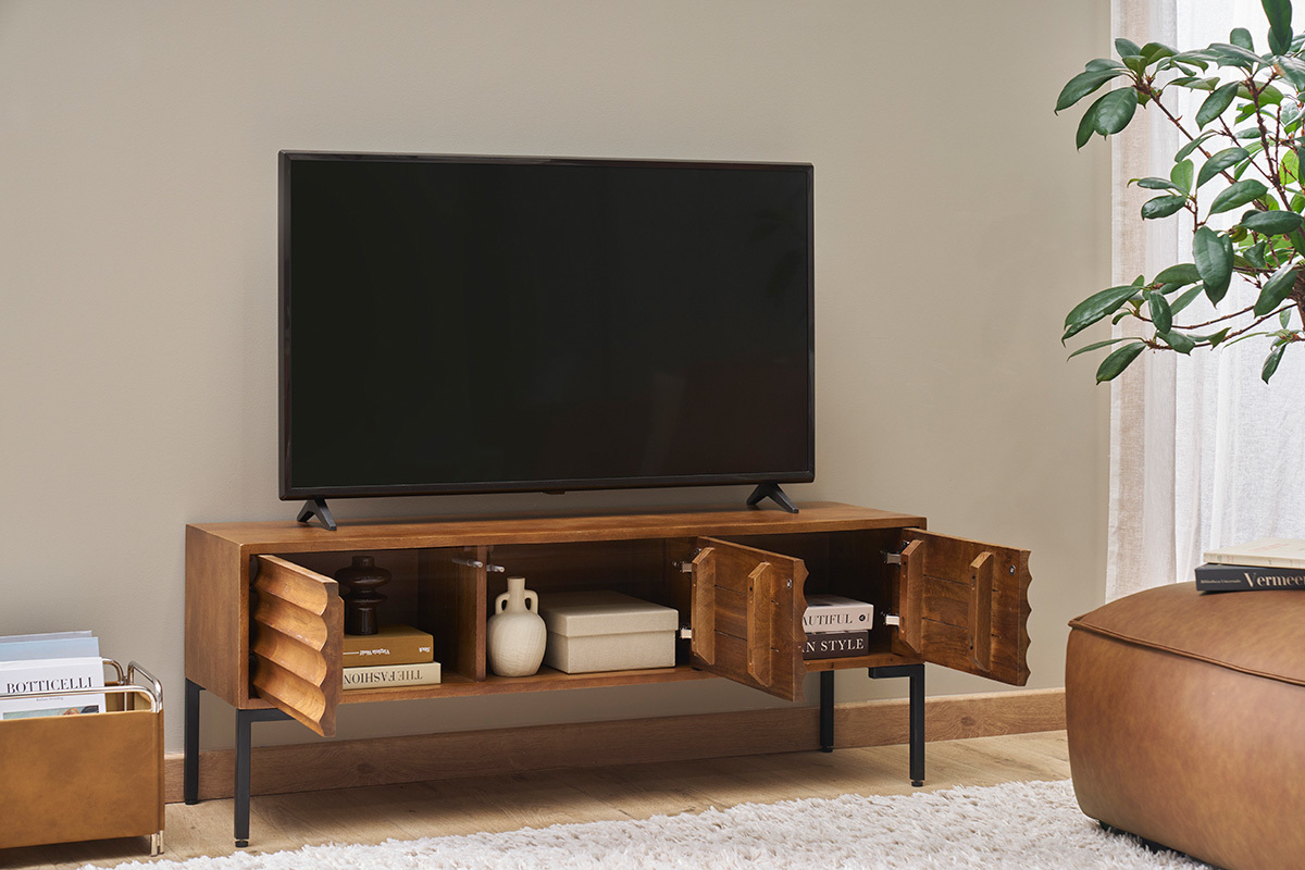 Meuble TV en bois fonc� manguier massif et m�tal noir 3 portes L120 cm ONDA