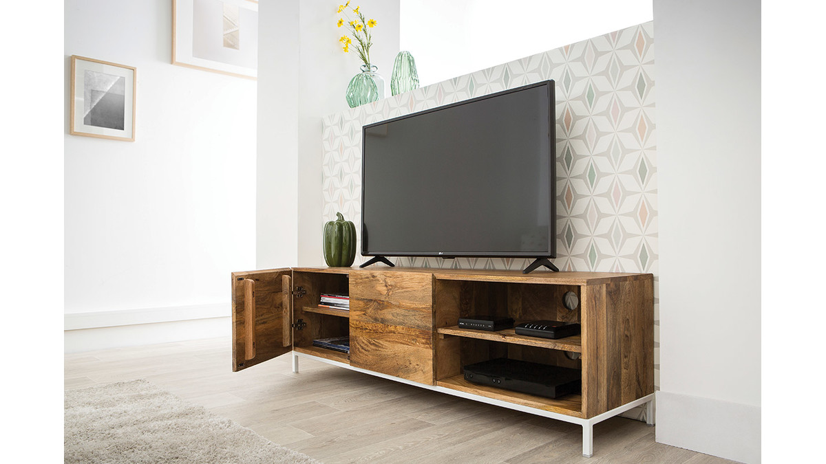 Meuble TV en bois manguier massif et métal blanc 145cm BOHO