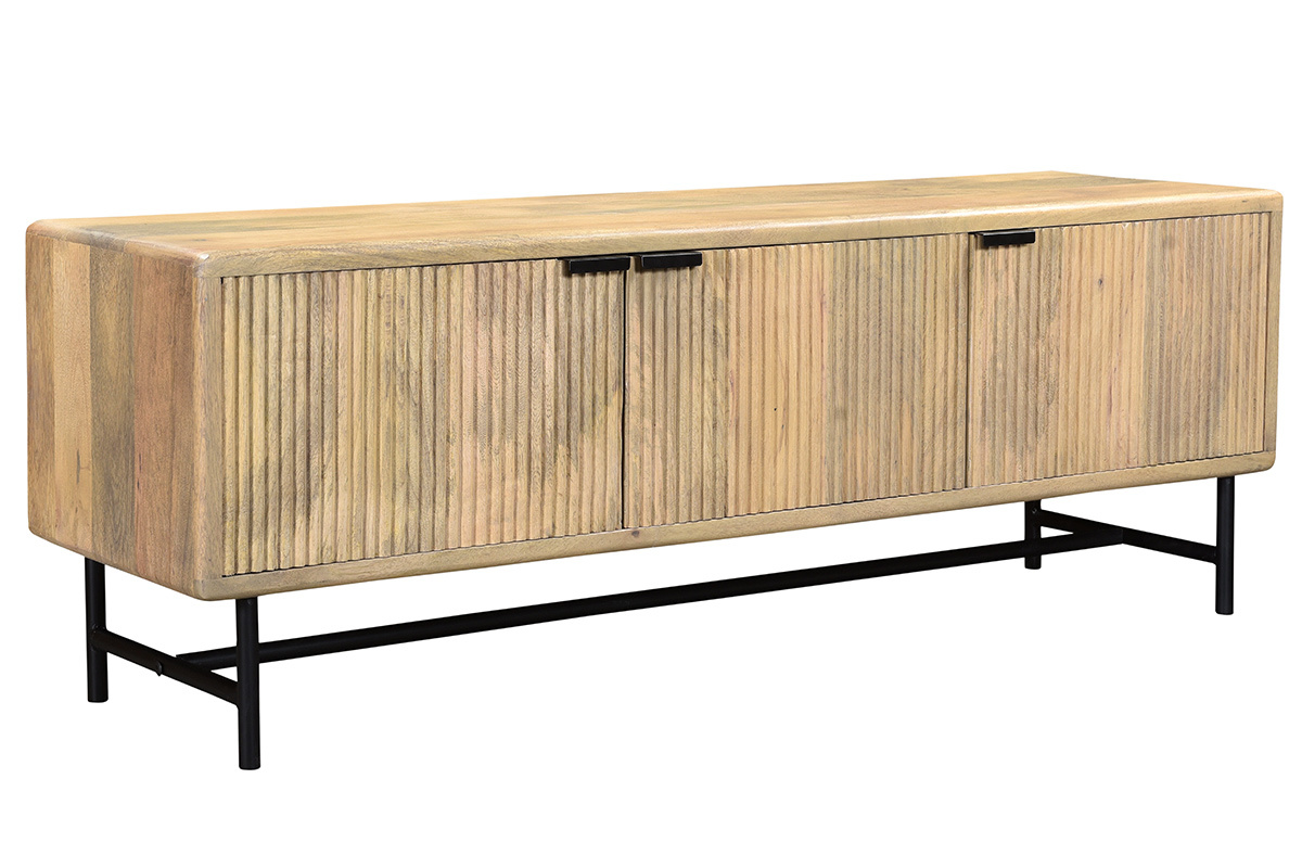 Meuble TV en bois manguier massif et mtal noir L145 cm MORISSON